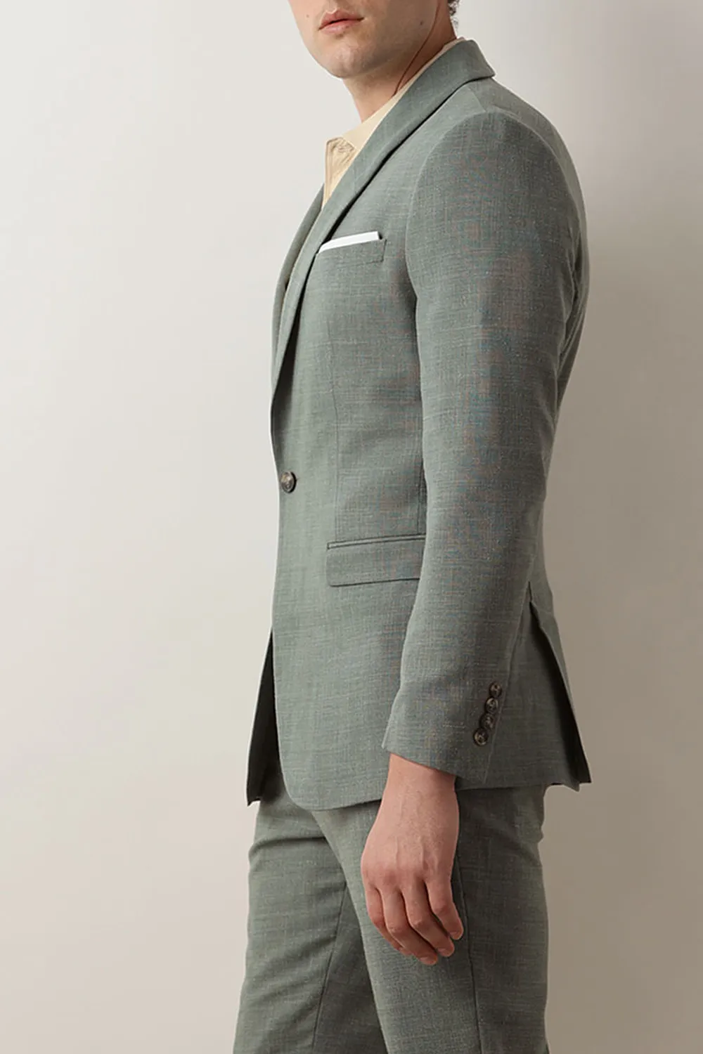 Green Linen Single Breasted Suit-Set Blazer