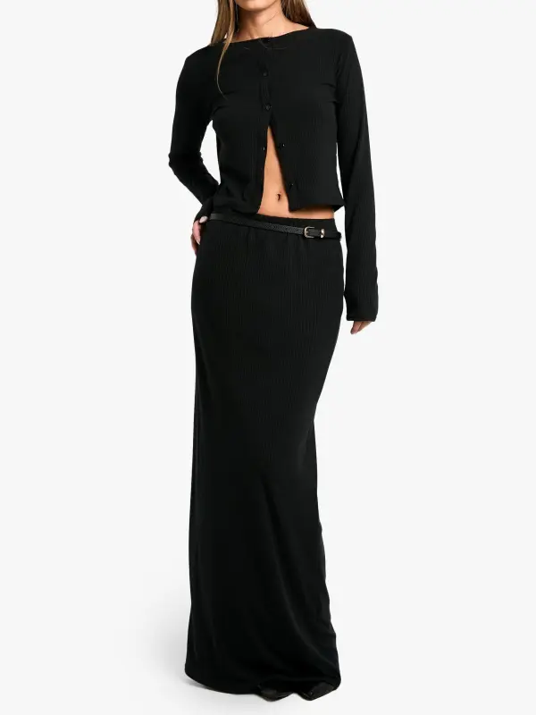 SOFT RIB BUTTON THROUGH LONG SLEEVE TOP AND MAXI SKIRT