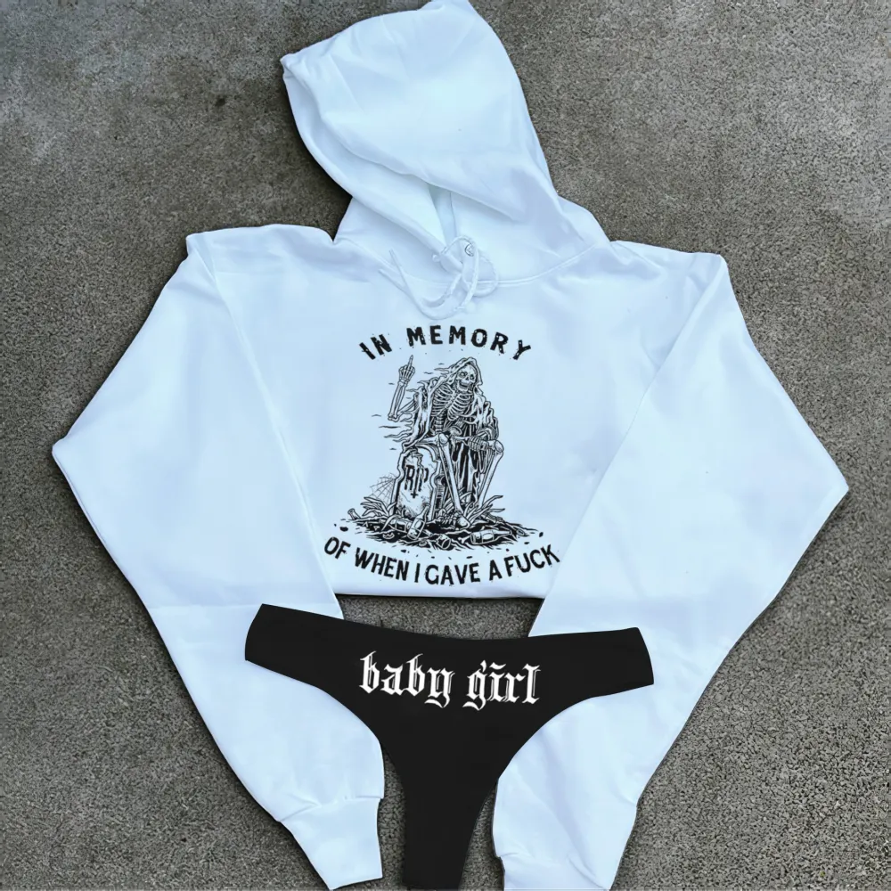 In Memory Of When I Gave A F*ck Printed Women's Cropped Hoodie & Thong Sets