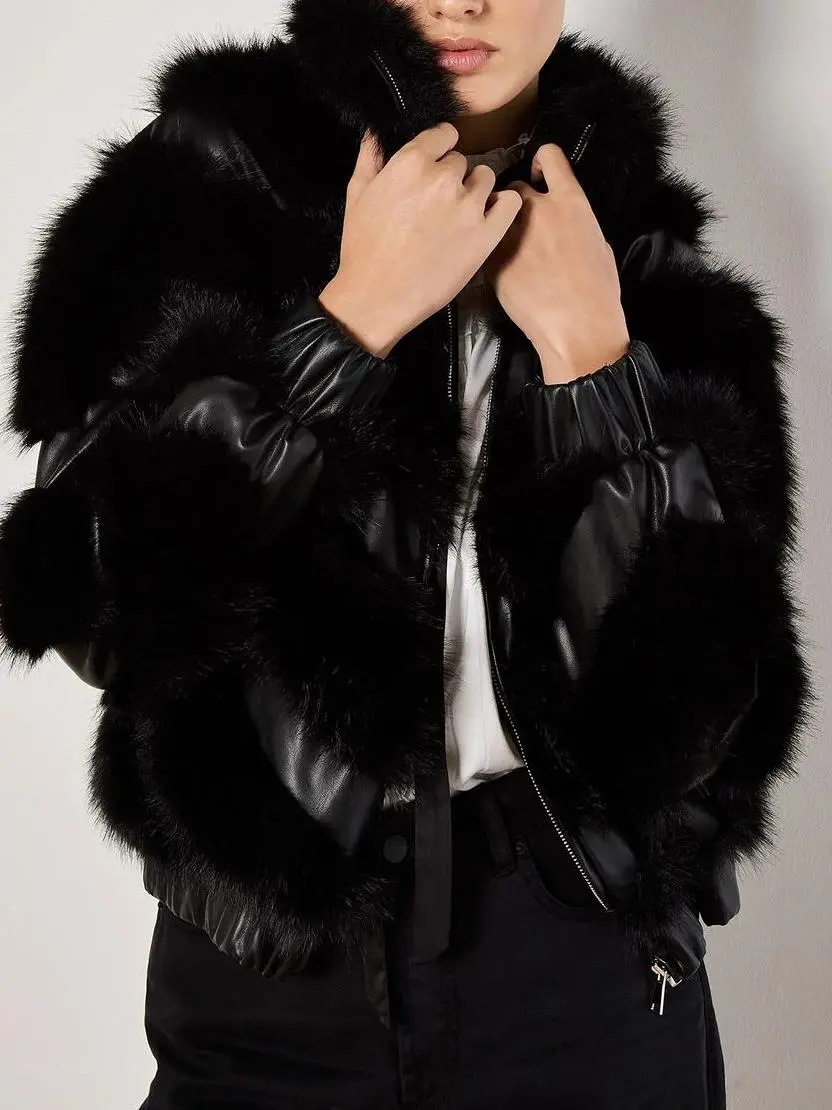 Faux Leather Chevron Fur Jacket