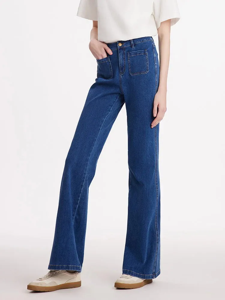 Denim Flared Women Jeans With Patch Pockets