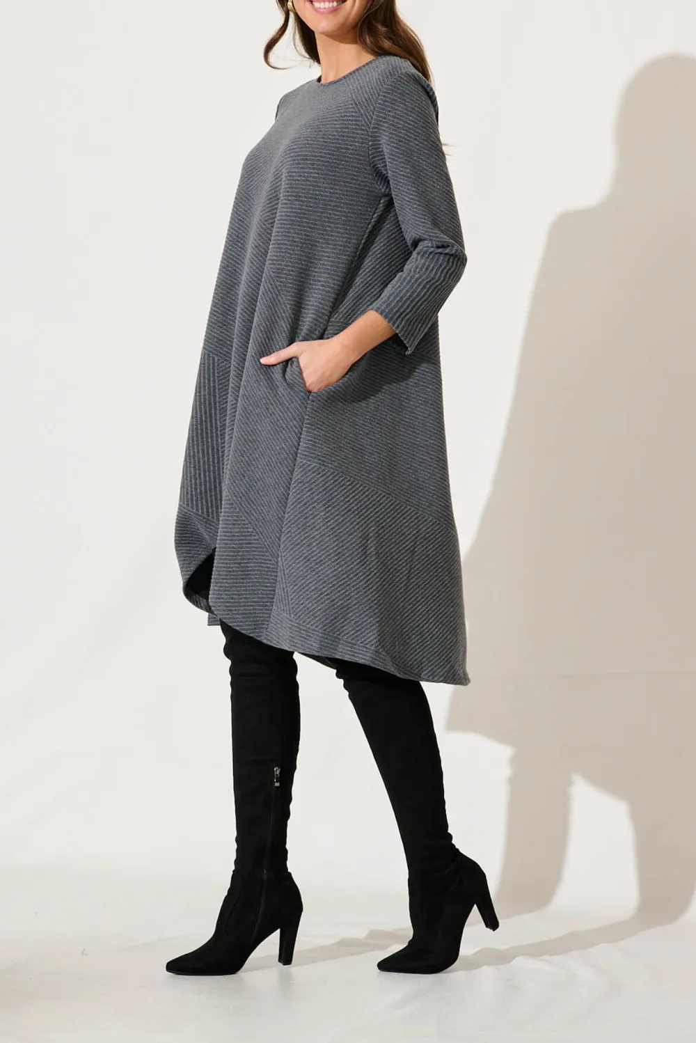 Gray Asymmetric Belted Knit Dress