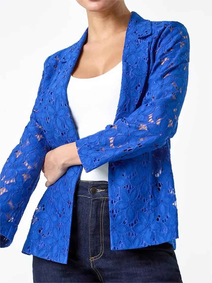 Royal Blue Cotton Blend Floral Lace Jacket