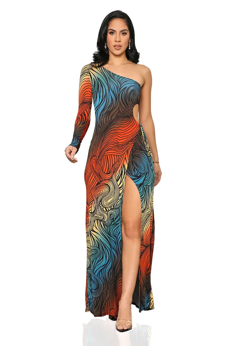 On The Way High Slit Dress (Orange Multi)