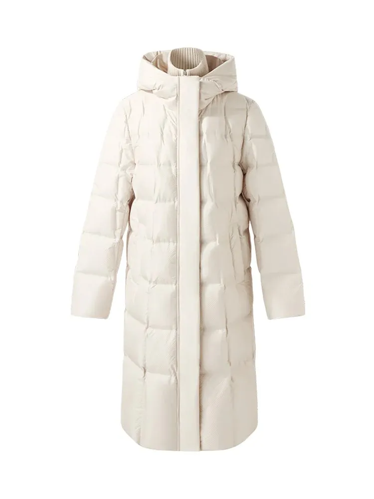 Patchwork Hooded Long Goose Down Coat