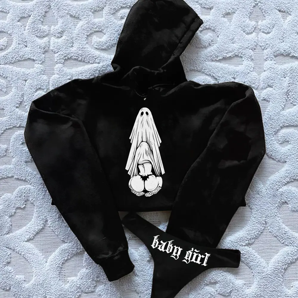 Naughty Ghost Printed Women's Cropped Hoodie & Thong Sets