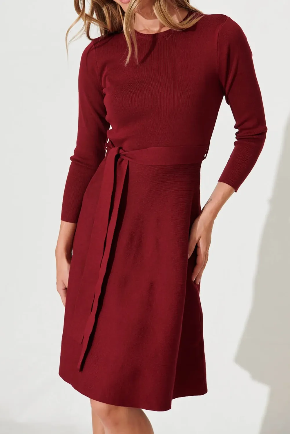 Burgundy Belted Knitted Dress