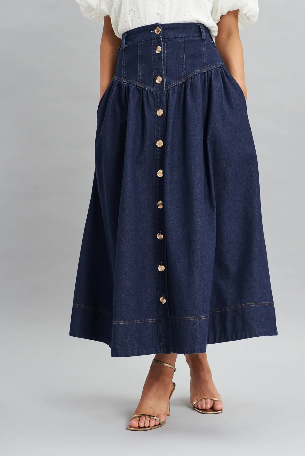 Navy Blue Button Front Denim Midi Skirt