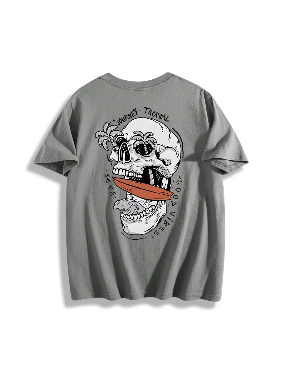 Men'S Letter & Skull Graphic Round Neck Short Sleeve Casual T-Shirt
