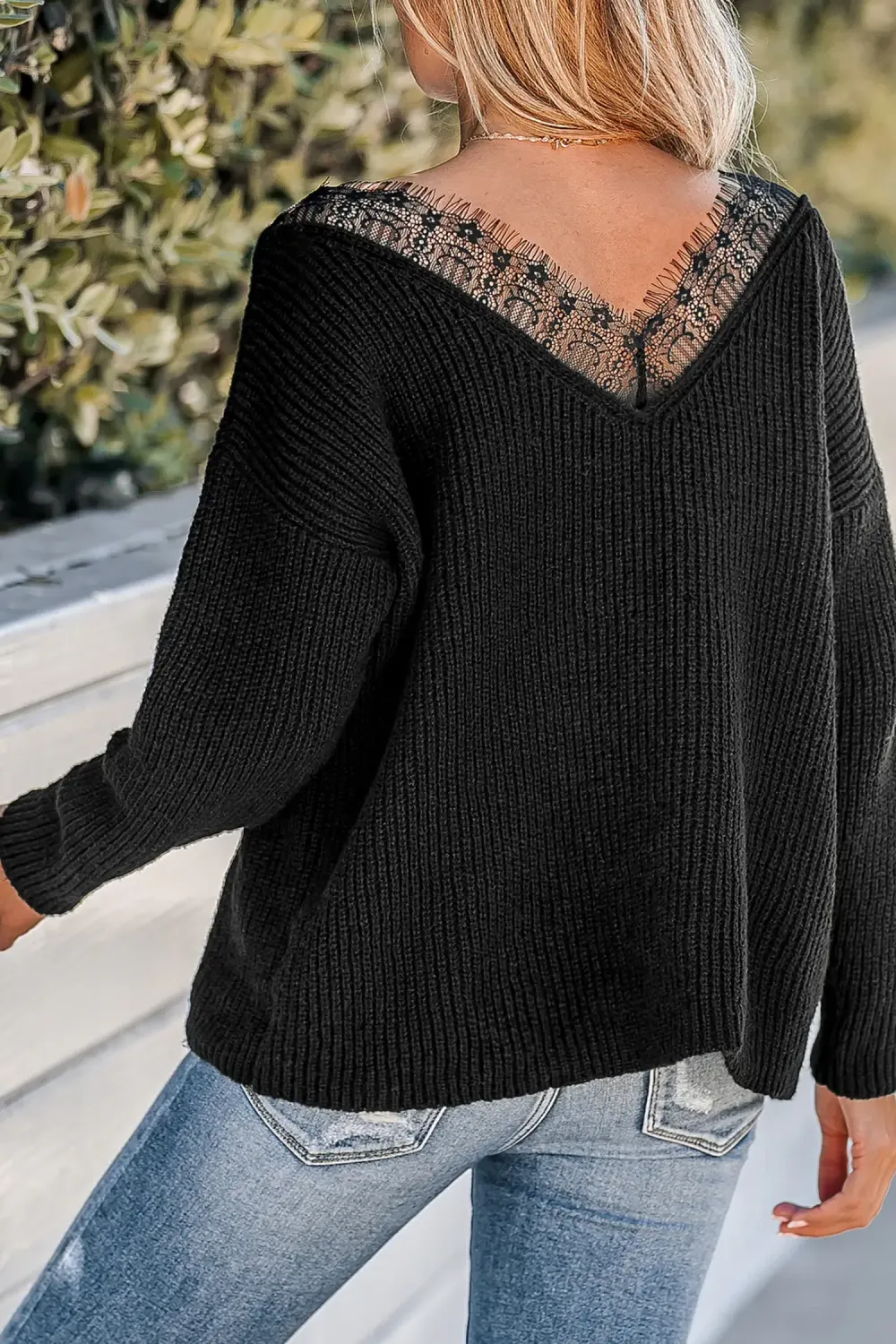 Eyelash Lace V-Neck Rib Sweater