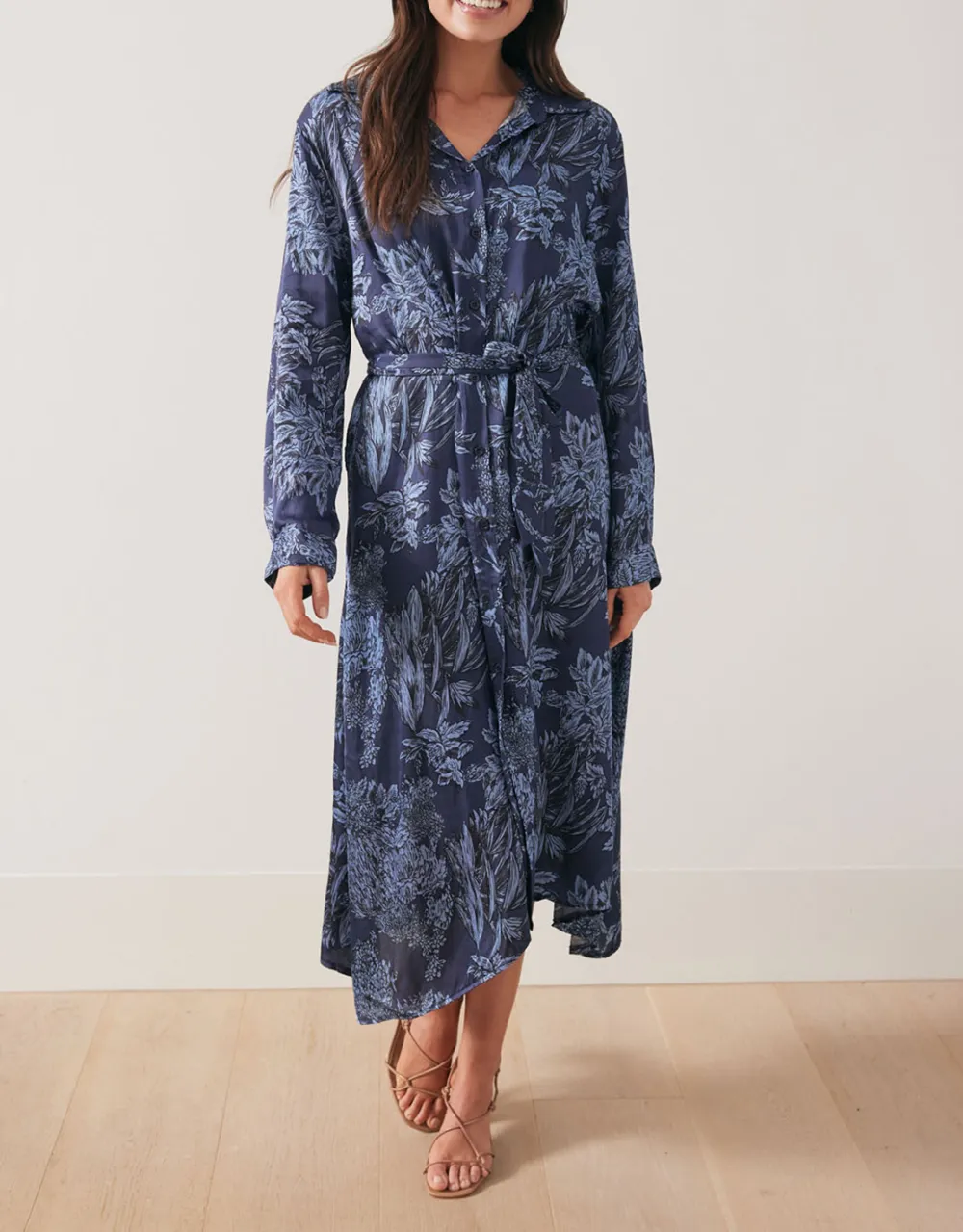 Botanic Print Midi Shirt Dress - Navy