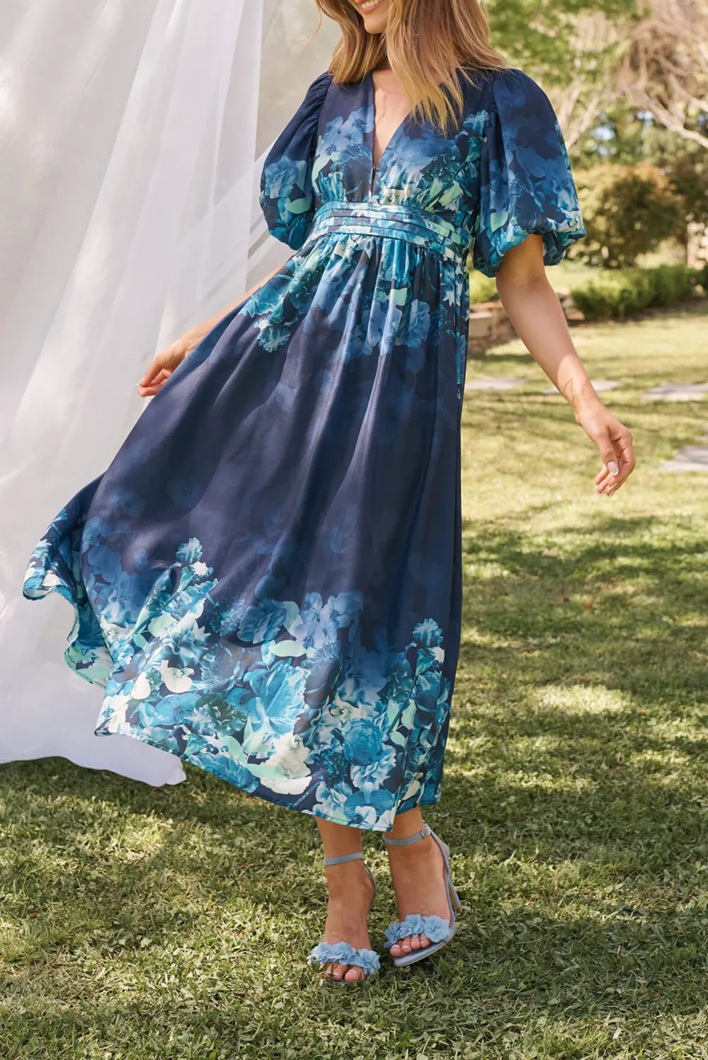 Navy Blue Floral Print Puff Sleeve Maxi Dress