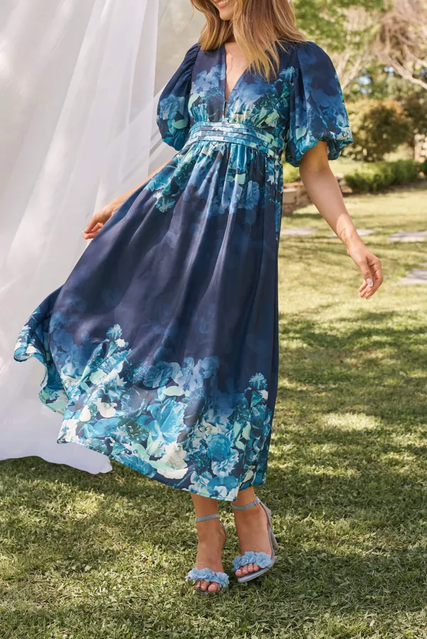 Navy Blue Floral Print Puff Sleeve Maxi Dress