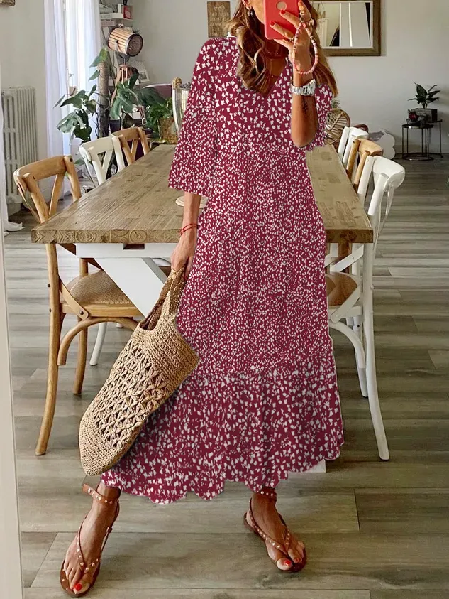 Loose Casual Disty Floral V Neck Dress