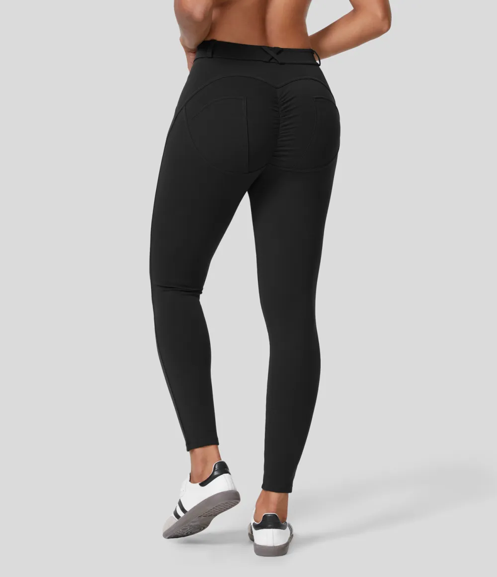 Eco High Waisted Button Ruched Yoga 7/8 Leggings