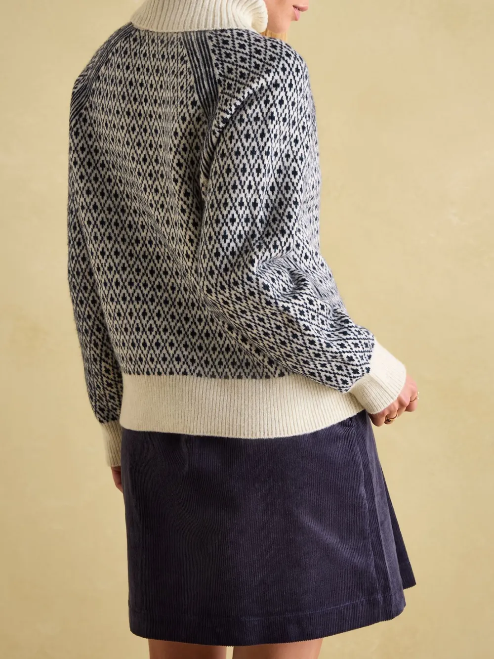 Ingrid Cream/Navy Patterned Jumper with Detachable Roll Neck