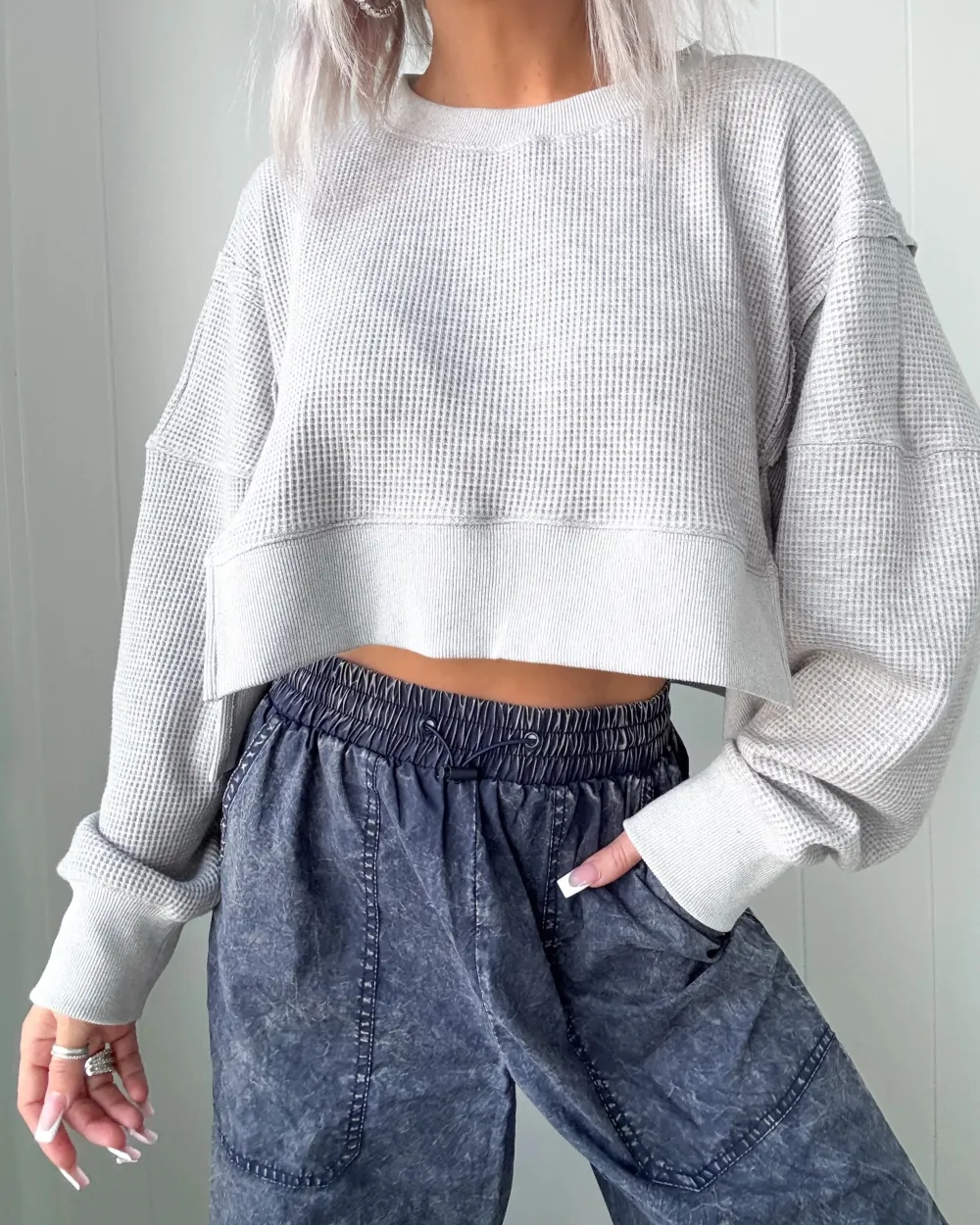 Charming Class Waffle Knit Top - Grey