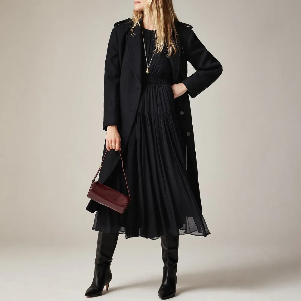 Crinkle chiffon sheer long-sleeve dress in Black Watch tartan