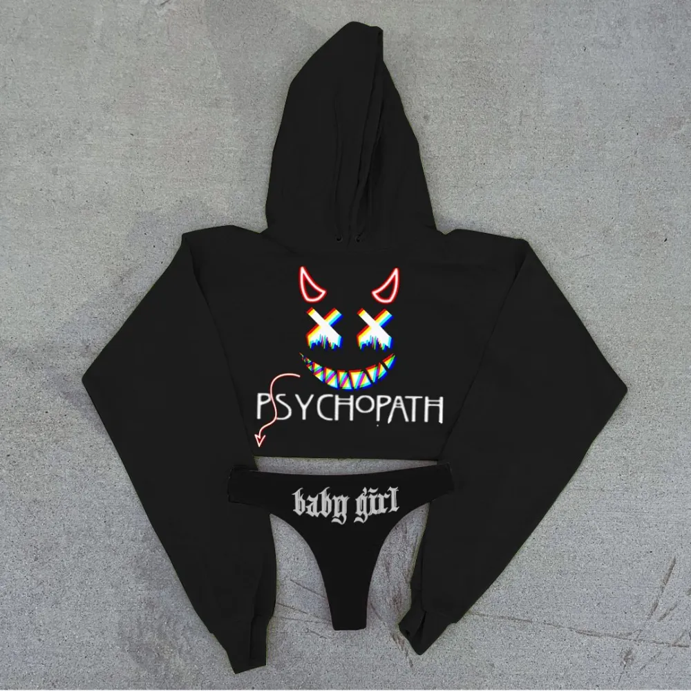 Psychopath Baby Girl Printed Women's Cropped Hoodie & Thong Sets