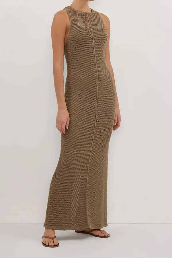 BLOOM OLIVE CROCHET KNIT MAXI DRESS