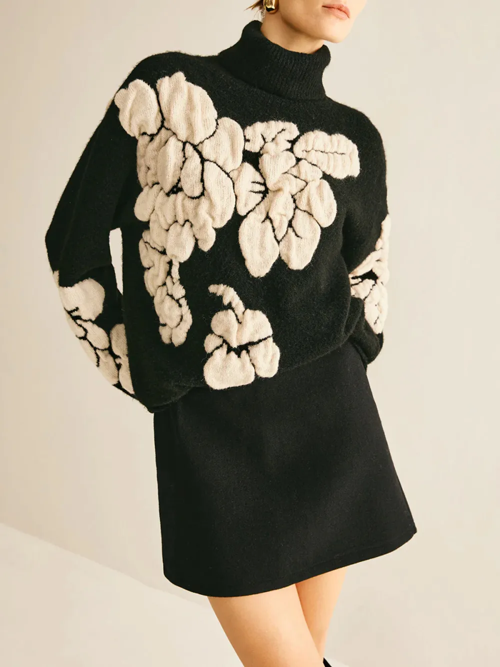 Jacquard High Neck Drop Shoulder Sweater