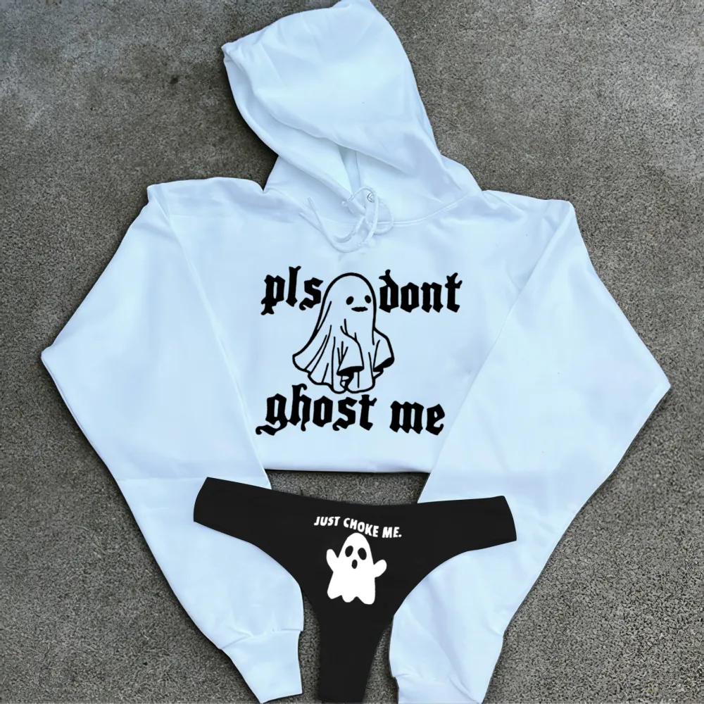 Pls Dont Ghost Me Printed Women's Cropped Hoodie & Thong Sets