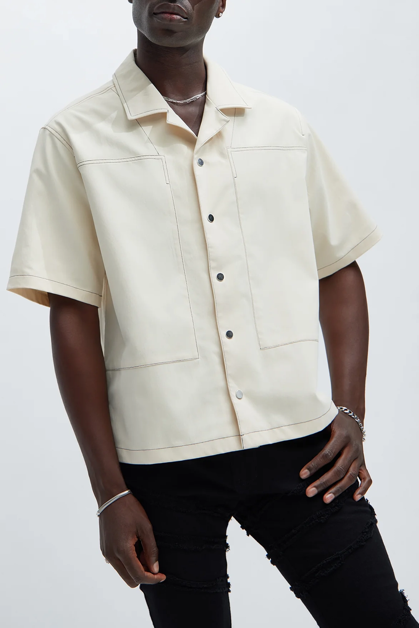 Hudson Contrast Stitching Shirt - Cream