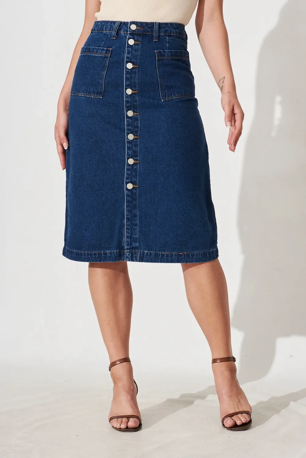 Blue Denim Button Front Midi Skirt