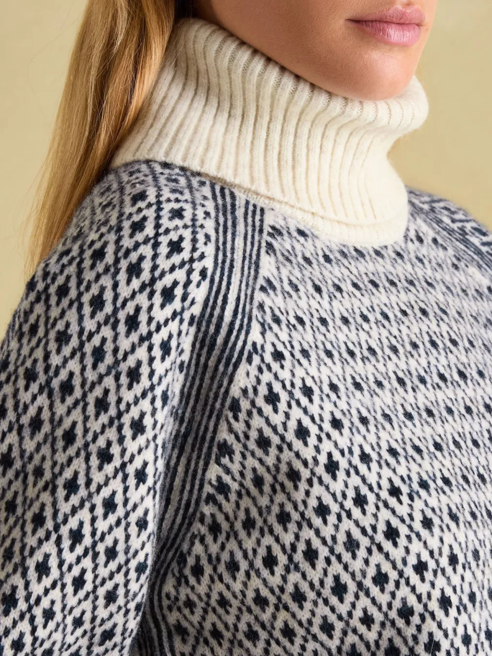 Ingrid Cream/Navy Patterned Jumper with Detachable Roll Neck