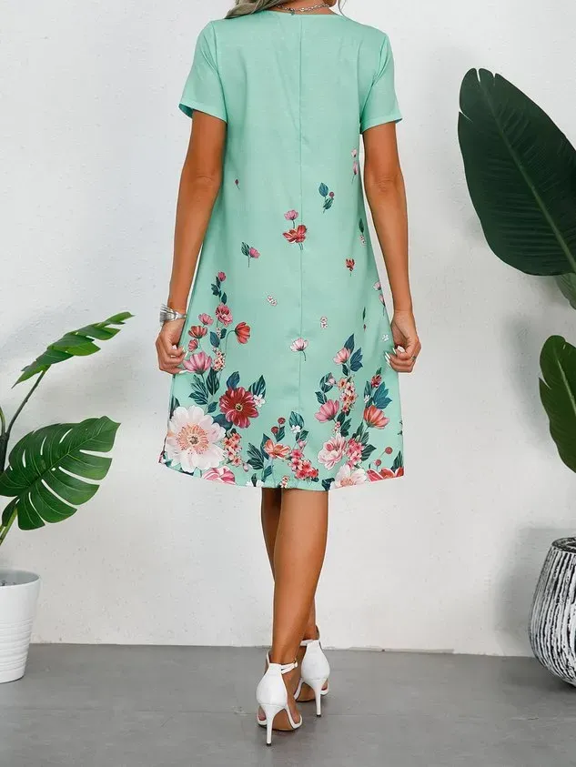 Women Floral Notched Short Sleeve Comfy Casual Short Dress