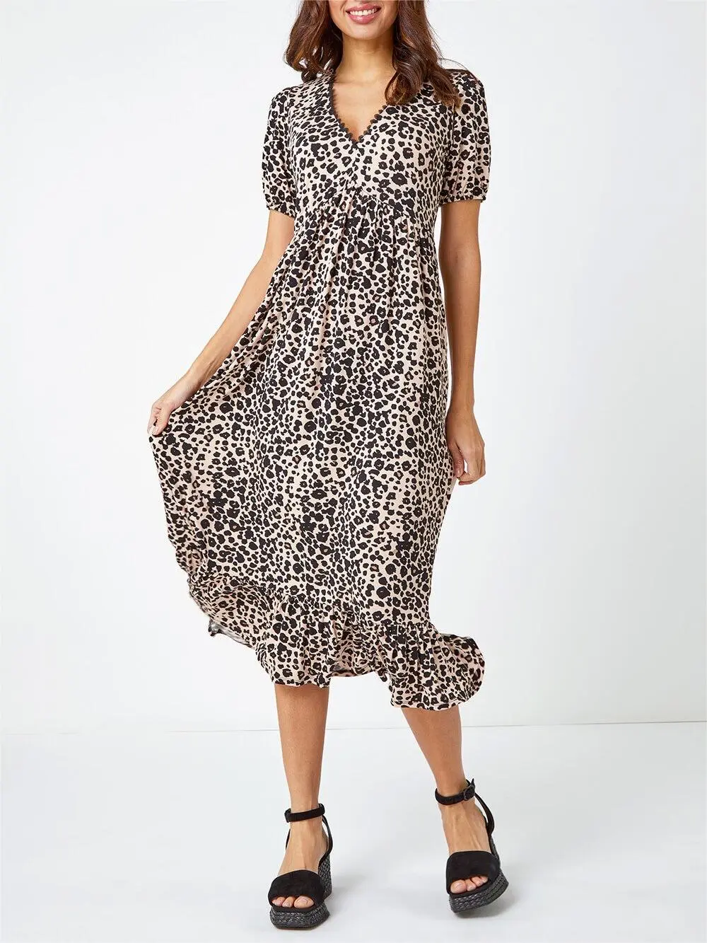 V-neck leopard print midi dress