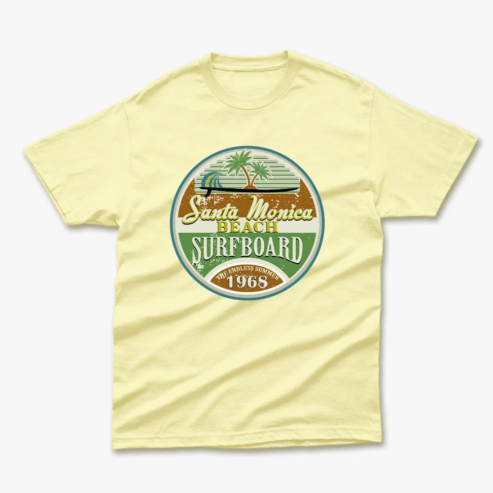 Retro Summer Santa Monica Beach Surfboard 1968 Printed T-Shirt