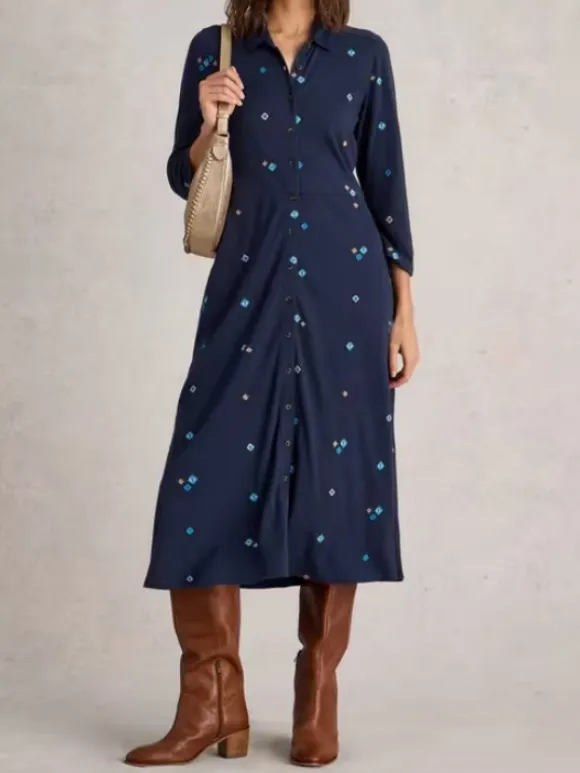 Rua Embroidered Jersey Dress In Navy Print