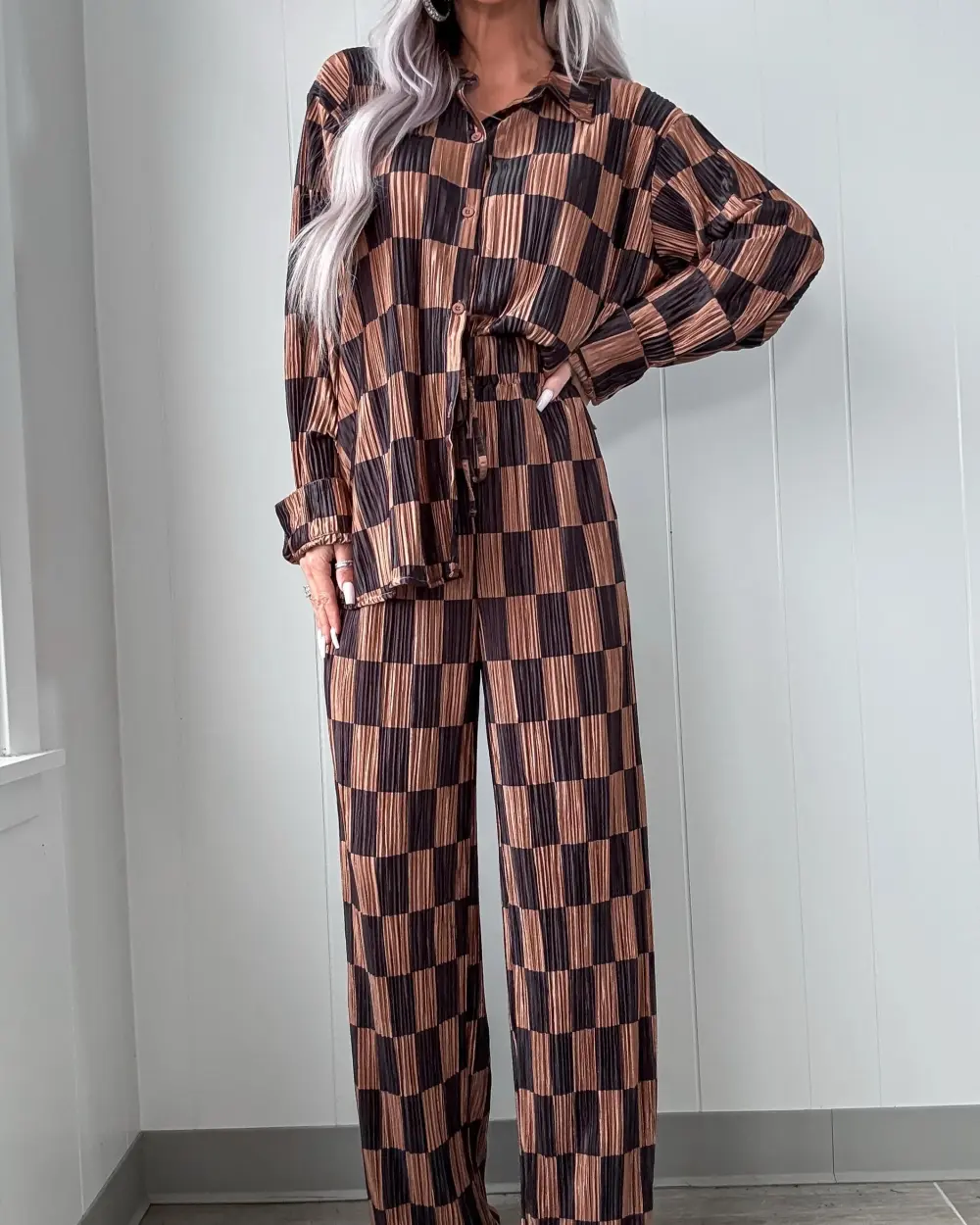 Polished Pleated Checkered Pants Set - Taupe/Black