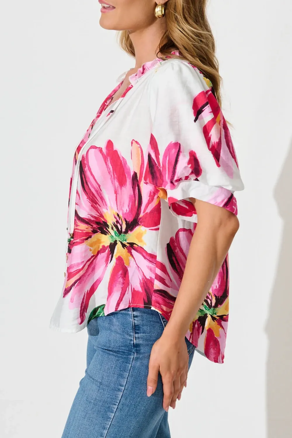 White Floral Print Half Sleeve Shirt