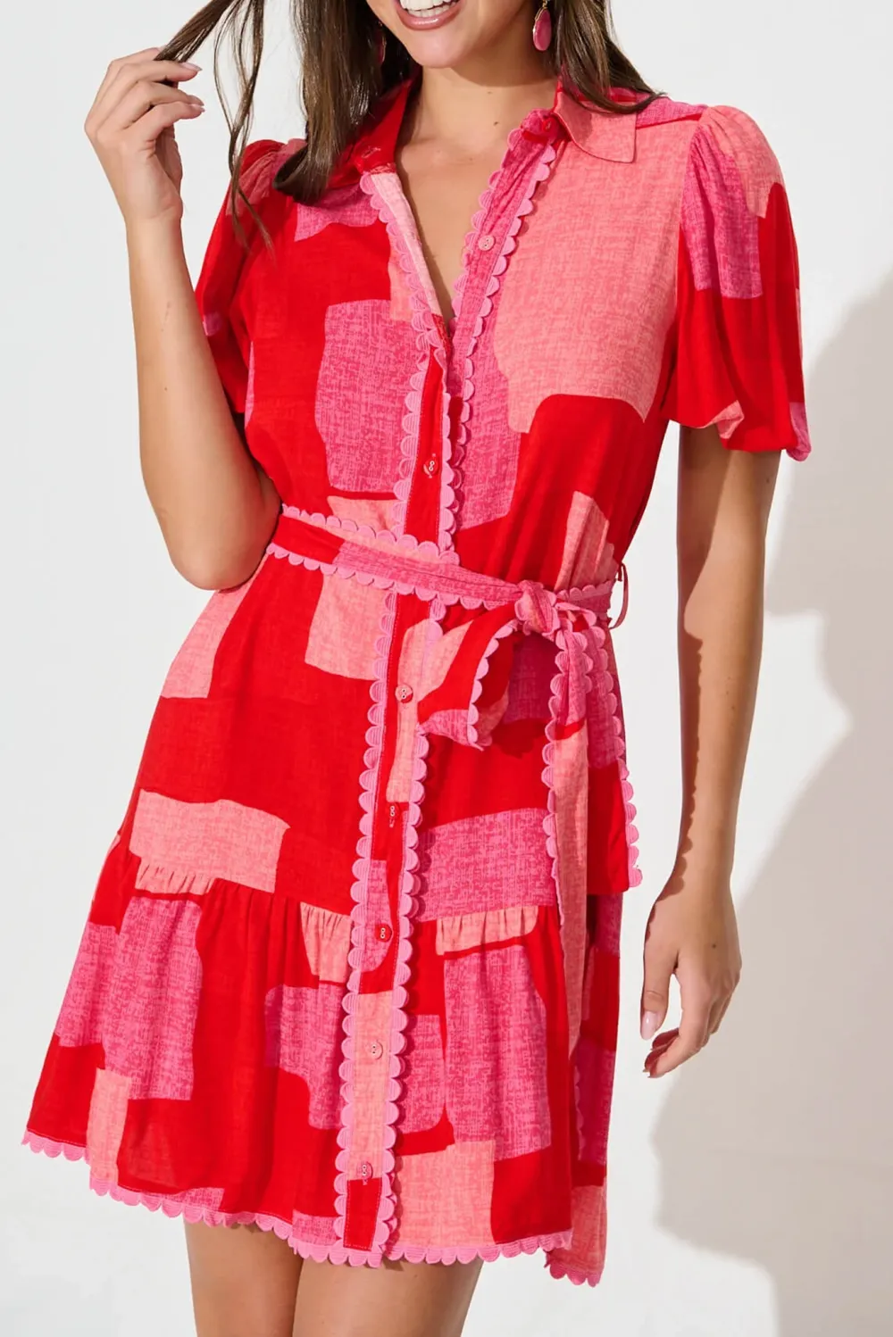 Multi Red Print Belted Mini Dress