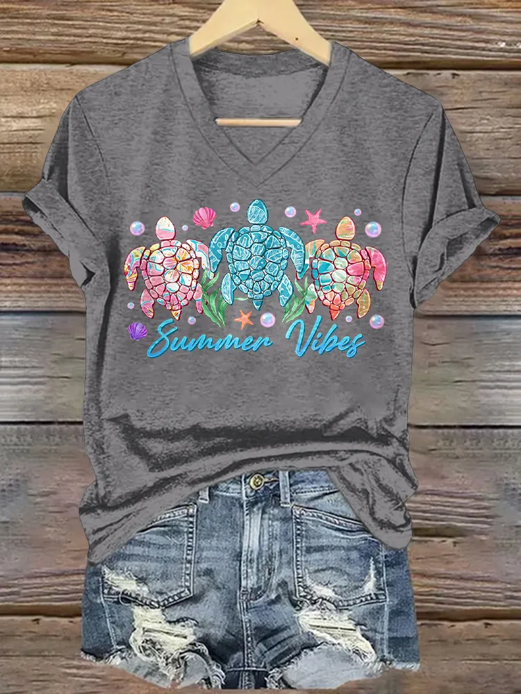 Women's Summer Vibes Short Sleeves V-Neck Pure Cotton T-Shirt