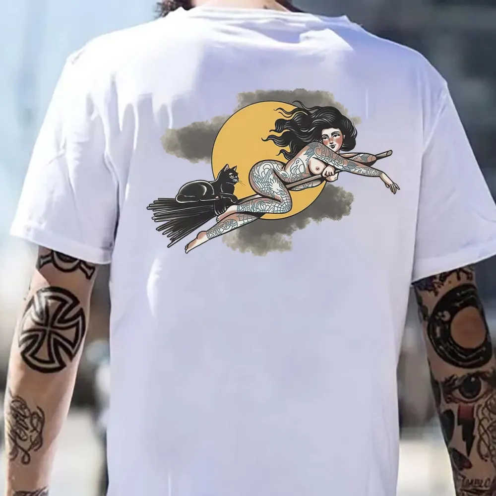 A Tattooed Lady Riding A Broom Print Men's T-shirt