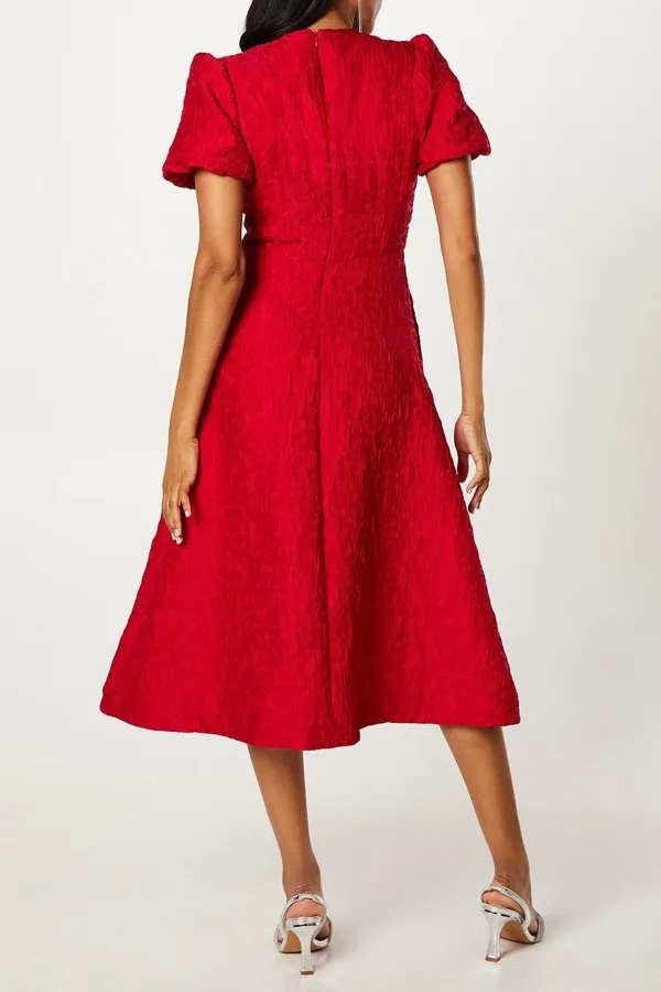 Textured Jacquard Bow Front Midi Dress