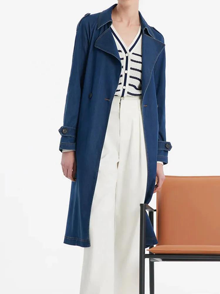 Denim Lapel Women Trench Coat With Belt