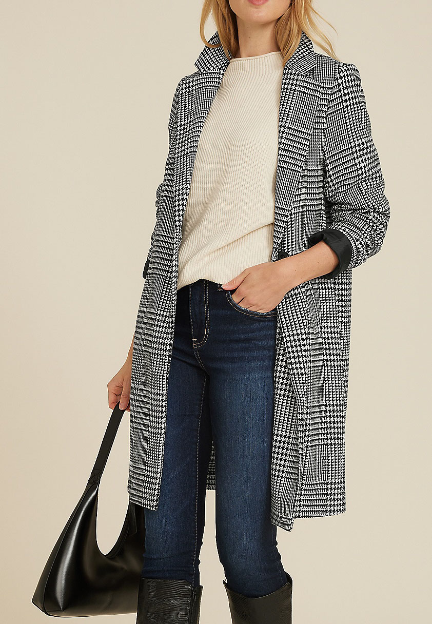 One Button Houndstooth Dress Coat