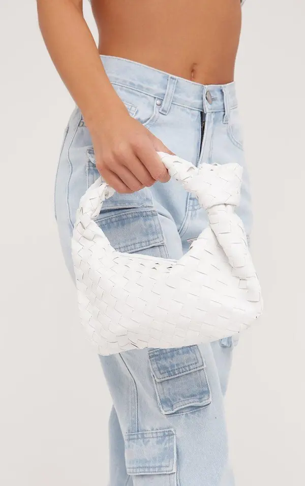 Aitana Woven Knotted Detail Grab Bag In White Faux Leather