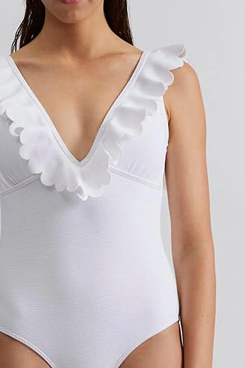 White Sleeveless Swimsuit With Frills