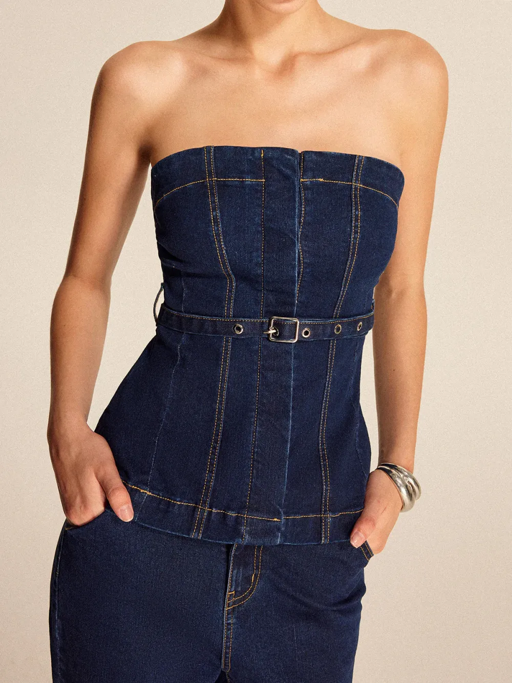 Sewing Detail Tube Top With Belt