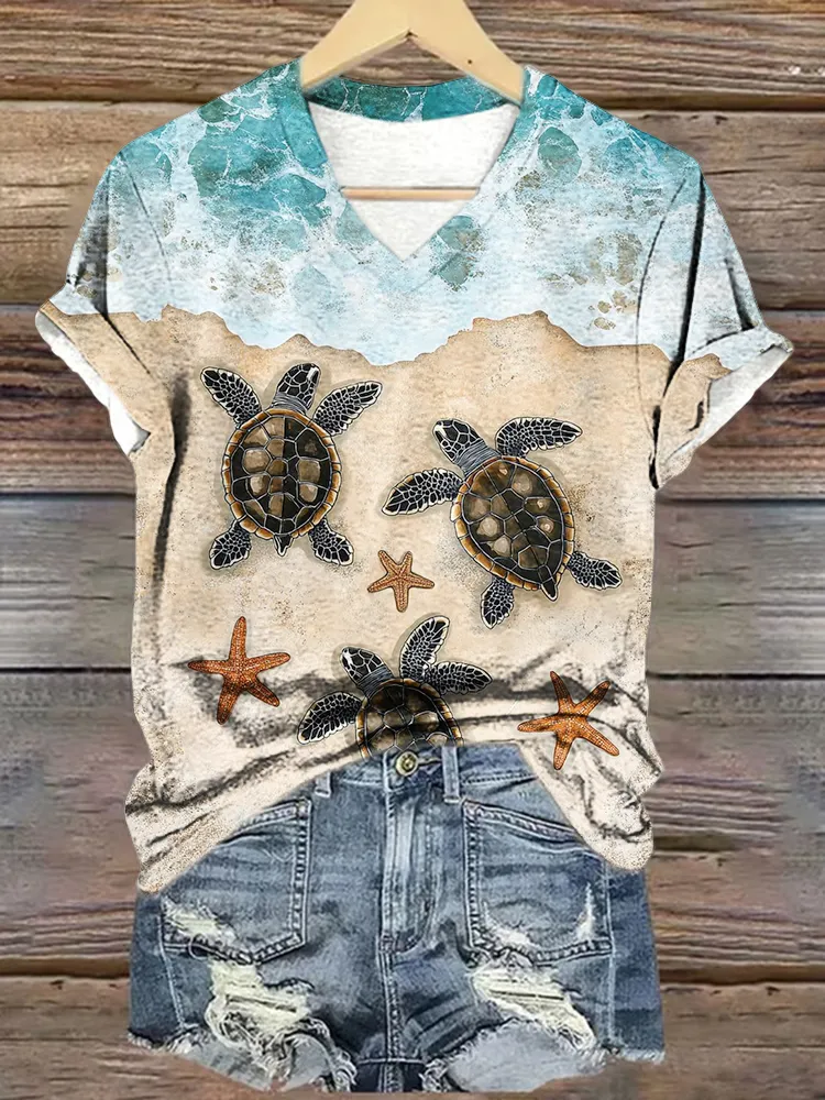 Women'S Summer Beach Turtles  Print V-Neck Cotton T-Shirt