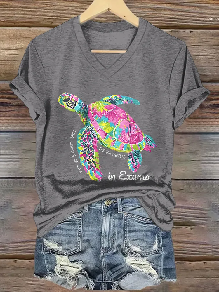 Women's I Just Wanna Swim With The Sea Turtles Short Sleeves V-Neck Pure Cotton T-Shirt