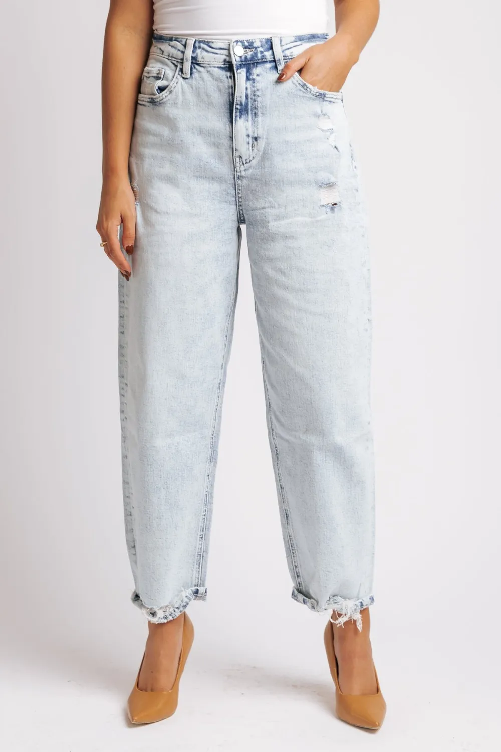 Light Wash Distressed Barrel Leg Jeans