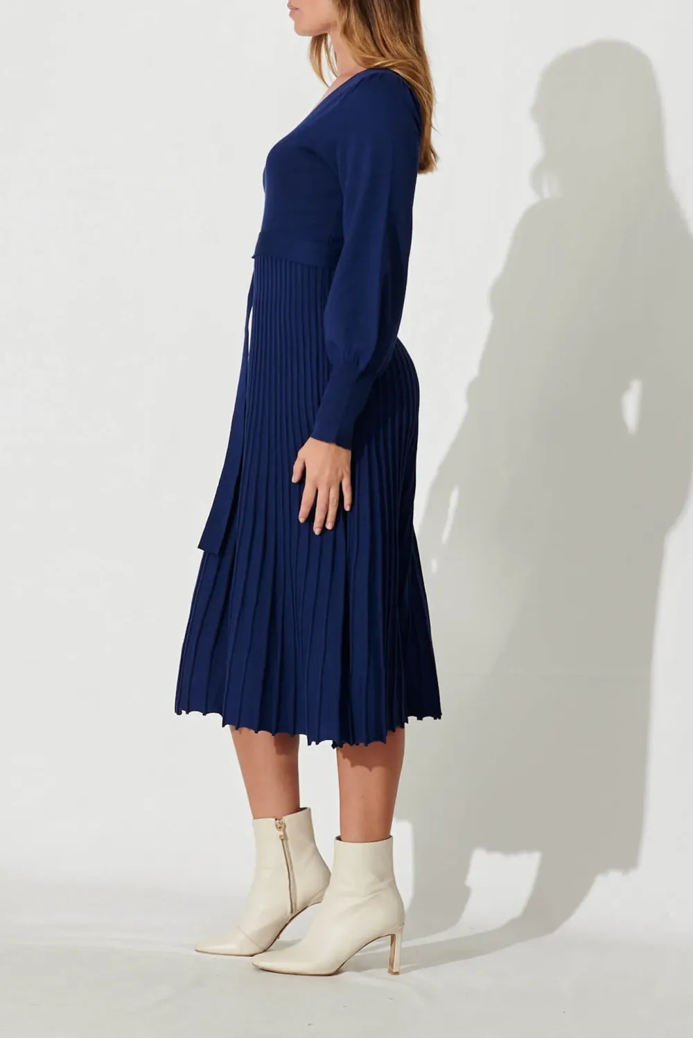 Navy Blue Belted Knit Midi Dress