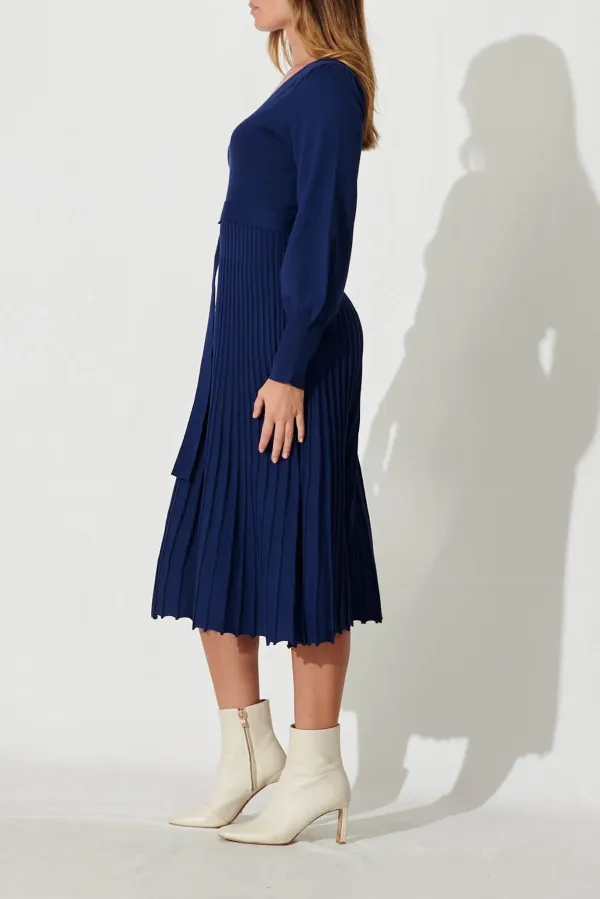 Navy Blue Belted Knit Midi Dress