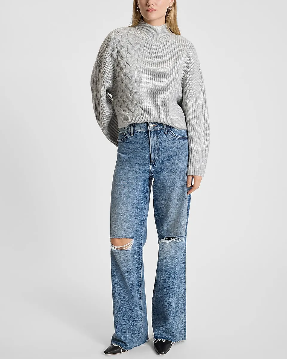 Relaxed Mock Neck Cable Knit Sweater